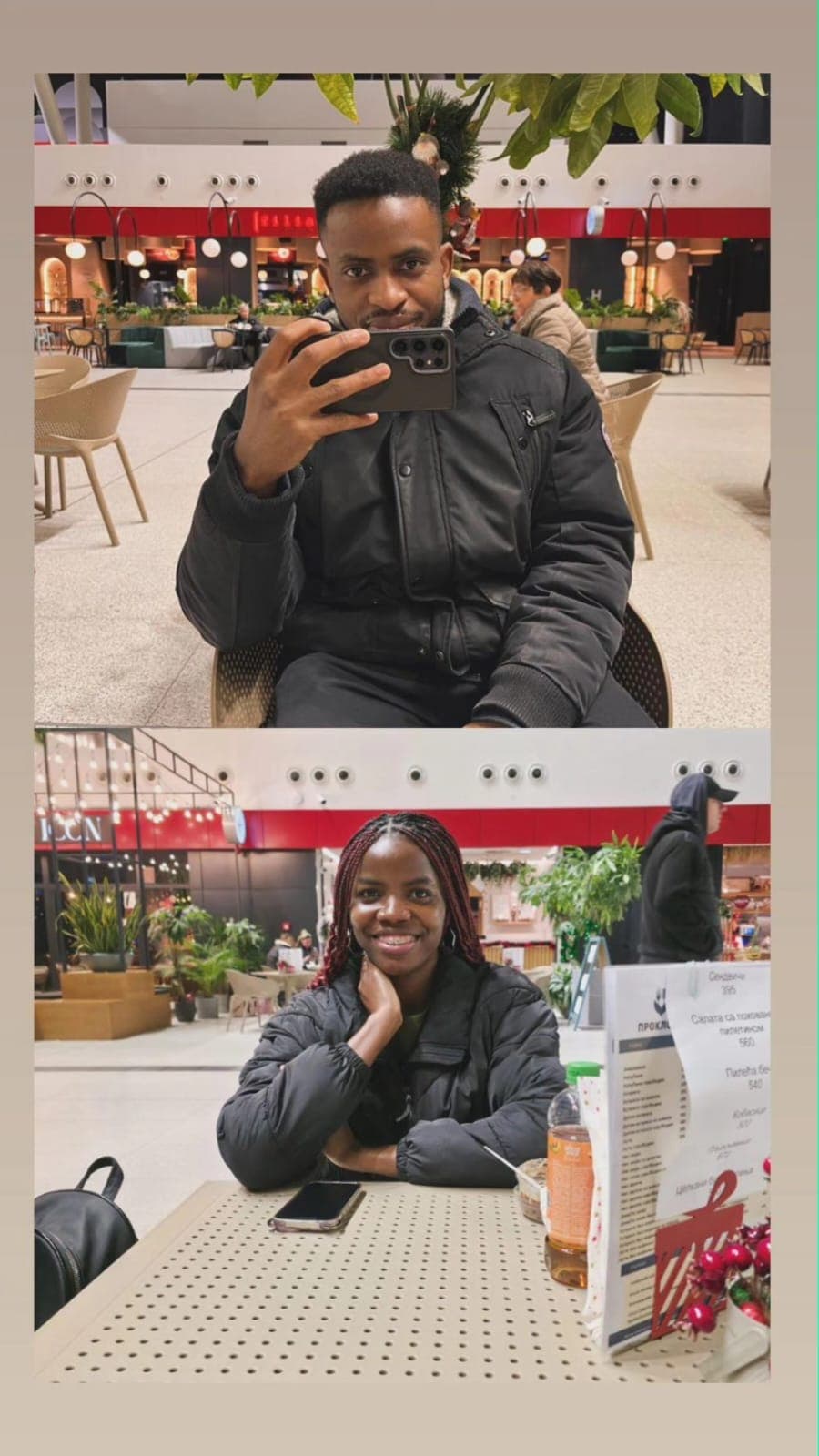 A collage of David and Esther at a cafe